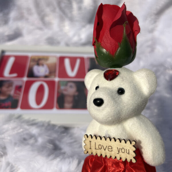 Valentine’s Love Hamper | Customized photo frame(6x9inch), teddy with rose, message bottle, and Valentine’s greeting card - Image 4